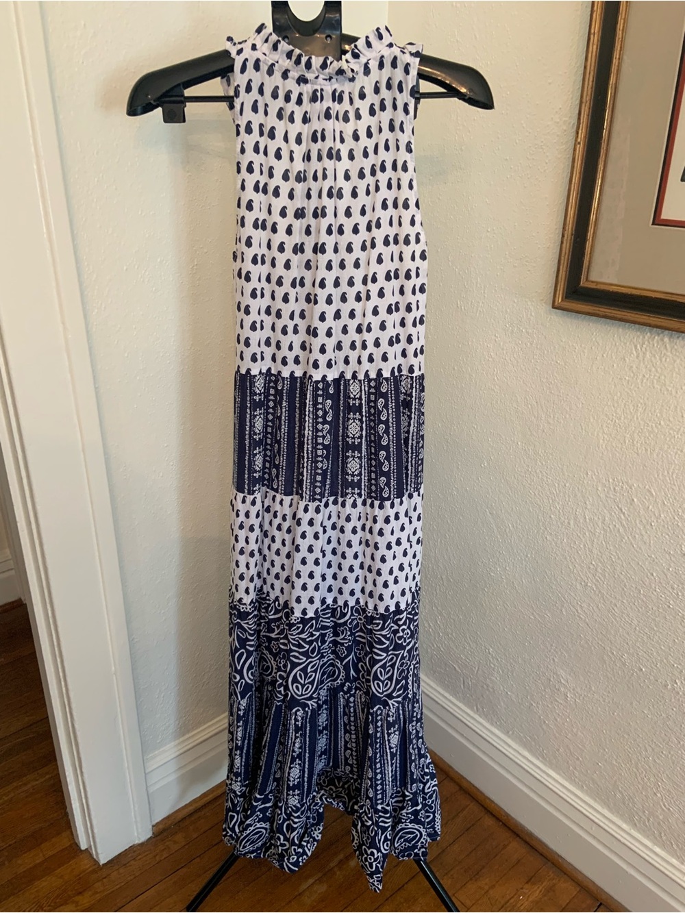 Mud Pie Dress Sleeveless Navy and White Maxi Dress with Tassel Tie - Picture 5 of 7
